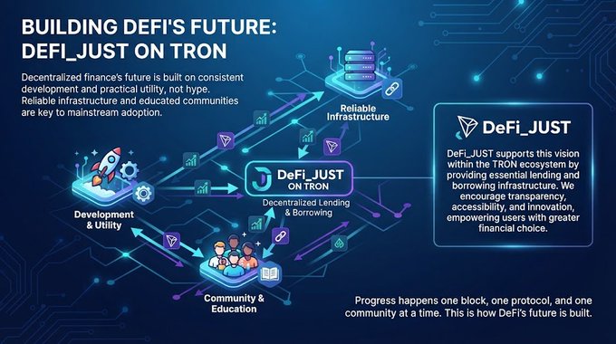 An infographic titled 'BUILDING DEFI'S FUTURE: DEFI_JUST ON TRON' illustrates the DeFi_JUST ecosystem with sections for Reliable Infrastructure, Development & Utility, and Community & Education, promoting decentralized lending and borrowing on the TRON network.