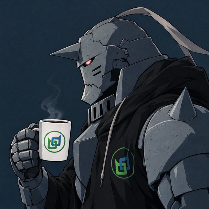 An anime-style illustration of a grey armored knight with glowing red eyes, wearing a black hoodie featuring a green and blue logo, while holding a white mug with the same logo.