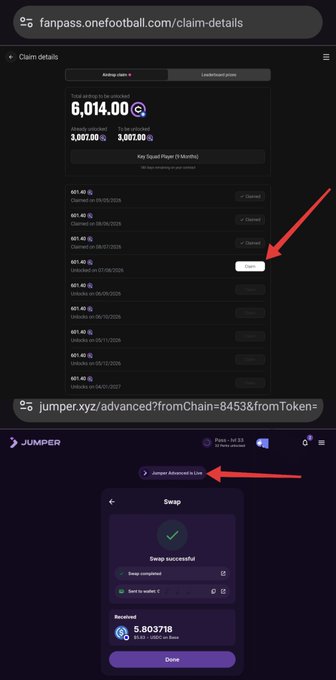 Two screenshots showing crypto airdrop claims: fanpass.onefootball.com showing 6,014.00 airdrop claimed with a red arrow pointing to a claimed button, and jumper.xyz showing a successful swap that received 5.803718 tokens.