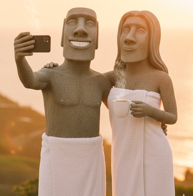 An AI-generated image shows two stone moai-like statues wrapped in white towels, smiling and taking a selfie with a smartphone while holding a steaming coffee mug.