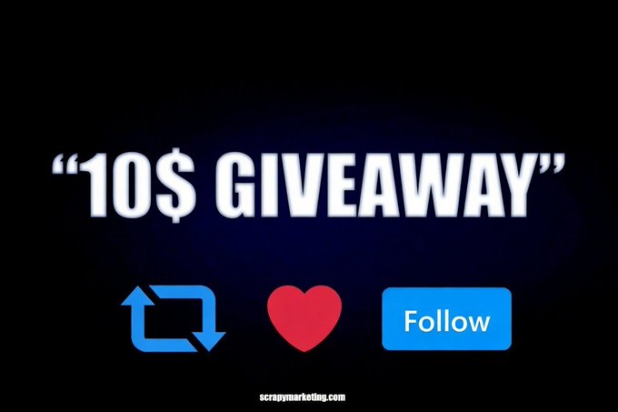 The image is a promotional graphic for a crypto giveaway, featuring the bold text "10$ GIVEAWAY" on a dark background, along with retweet and heart icons and a blue "Follow" button, encouraging the engagement actions outlined in the post for @Veyncex and @ScrapyCoCoTV.