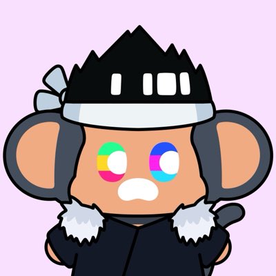 Cartoon NFT-style monkey character with a black bandana, wearing a dark outfit with a fur collar, set against a pink background.