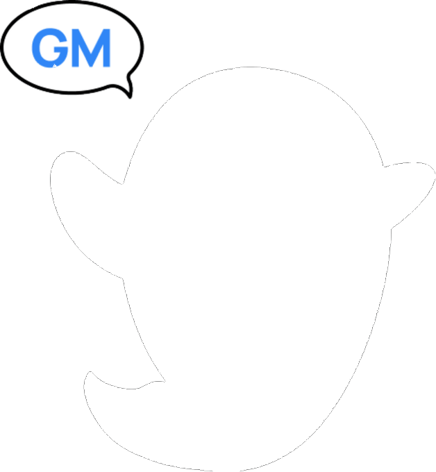 A black silhouette of the Twitter bird logo appears against a white background with a speech bubble containing the text 'GM' in blue in the upper left corner.