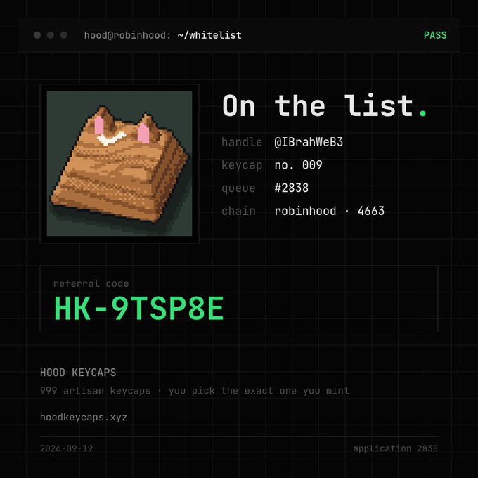 A digital pass confirmation screen displays "On the list" for handle "@IBrahWeB3" and includes the referral code "HK-9TSP8E" alongside an image of a brown cat keycap.