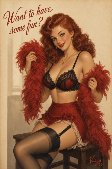 Vintage-style pin-up illustration of a red-haired woman in red lingerie and a feather boa with the text 'Want to have some fun?' and artist signature 'Varga 44'.