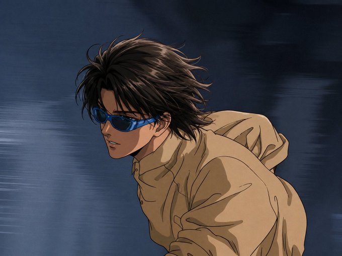 An anime-style illustration of a young man with messy dark hair and blue sunglasses wearing a tan jacket, shown in profile against a dark blue background.