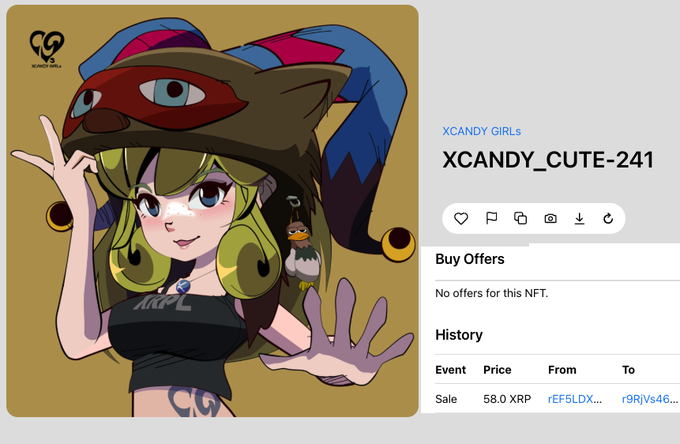 An NFT marketplace listing for 'XCANDY_CUTE-241' from the XCANDY GIRLs collection, featuring an anime-style girl with a jester hat, showing a previous sale price of 58.0 XRP.