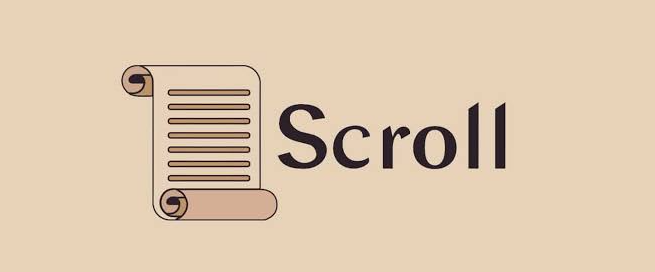A simple logo design featuring a beige scroll illustration next to the word 'Scroll' in black serif font on a tan background.