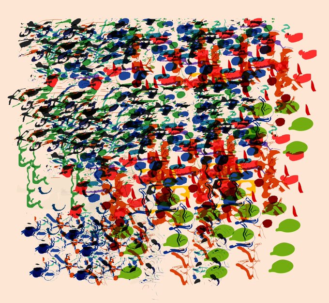 An abstract, chaotic composition of colorful dots, swirls, and fragmented patterns in red, blue, green, and black.