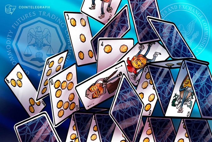 Cointelegraph graphic titled 'COMMODITY FUTURES TRADING' showing scattered playing cards featuring Bitcoin symbols, gold coins, and figures against a teal background with a government seal.