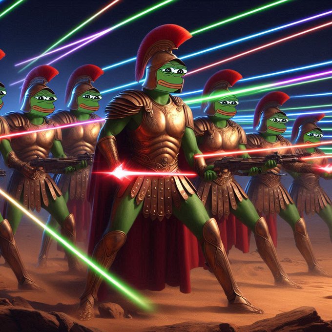 A digital illustration depicting Pepe the Frog characters dressed as Spartan warriors with red plumes, holding weapons amidst colorful laser beams.