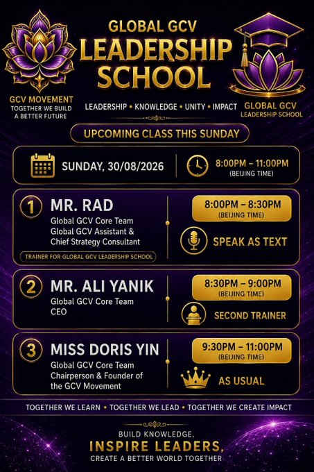 The image is a promotional flyer for the "Global GCV Leadership School" featuring an upcoming class on Sunday, 30/08/2026, from 8:00PM to 11:00PM (Beijing Time), with three speakers: Mr. Rad (8:00PM-8:30PM), Mr. Ali Yanik (8:30PM-9:00PM), and Miss Doris Yin (9:30PM-11:00PM), each representing the Global GCV Core Team. The post aligns with the flyer by announcing the continuation of classes and highlighting the invited strategic mentors, including Mr. Ali Yanik, who is listed as one of the featured trainers.
