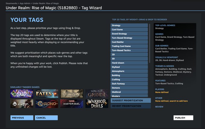 A Steamworks Tag Wizard screenshot for 'Under Realm: Rise of Magic (5182880)' showing tag prioritization options including Strategy, Card Game, Grand Strategy, Turn-Based Strategy, with similarly tagged games like Slay the Spire, Slay the Fates, Slay the Spire 2, Slay the Moon, Slay the Spire 3, Slay the Spire 4, Master Duel, and Warrior Duels visible at the bottom.