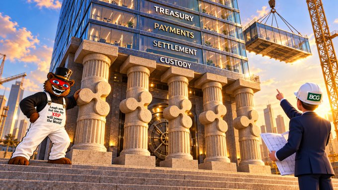 A cartoon-style crypto/finance scene shows a building labeled “TREASURY,” “PAYMENTS,” “SETTLEMENT,” and “CUSTODY,” flanked by mascot-like figures including one wearing a “BOB” helmet.