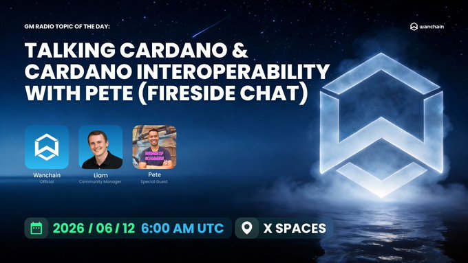 The image features a poster for an event that takes place on Saturday, May 26th at 6 AM UTC. The poster displays two men standing next to each other with a large hexagon-shaped logo in the center of the poster. The text on the poster reads "Talking Cardano & Cardano Interoperability with Pete (Fireside Chat)". The event is scheduled for 6 AM, and it will be held at Spaces.