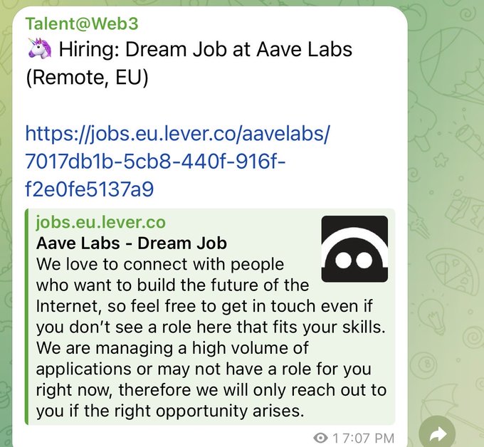A Telegram message from Talent@Web3 advertising a "Hiring: Dream Job at Aave Labs (Remote, EU)" with a link to a job listing.