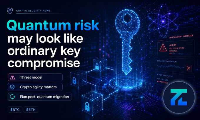 A 'Crypto Security News' graphic warning that 'Quantum risk may look like ordinary key compromise,' listing points on threat model, crypto agility, and post-quantum migration for $BTC and $ETH.