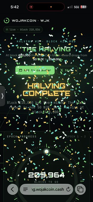 A mobile screenshot from wojakcoin.cash showing a "HALVING COMPLETE" event for WOJAKCOIN (WJK) at block 210,000, with confetti animations and 209,964 blocks remaining in epoch 1-2.