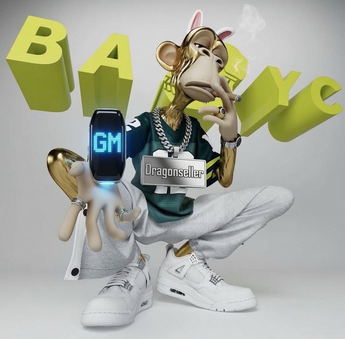 A 3D-rendered character with a monkey head, bunny ears, and gold skin squats while holding up a fitness tracker displaying 'GM', wearing a green jersey with a 'Dragonseller' nameplate, and smoking a cigar, with large yellow 'BAYC' letters in the background.
