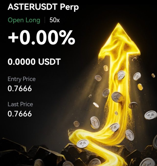 A trading interface displaying an 'ASTERUSDT Perp' position with an 'Open Long | 50x' leverage and '+0.00%' gain, showing Entry and Last Prices of 0.7666 against a black background with a glowing yellow upward arrow and floating coins.