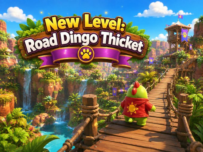 A vibrant game announcement screen titled 'New Level: Road Dingo Thicket' featuring a green dinosaur-like character in a red hoodie walking on a wooden bridge through a tropical canyon.