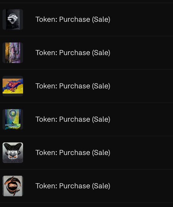 A dark-themed digital listing displays six NFT-style artwork thumbnails, each labeled with "Token: Purchase (Sale)".