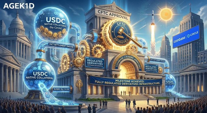 A digital illustration showing a grand neoclassical building labeled 'CFTC APPROVAL' with large 'USDC' spheres, gears, and a banner reading 'MILESTONE ACHIEVED: FULLY REGULATED DERIVATIVES INFRASTRUCTURE'. The text 'AGEK1D' is visible in the top-left corner, with a 'coinbase | CIRCLE' sign nearby.