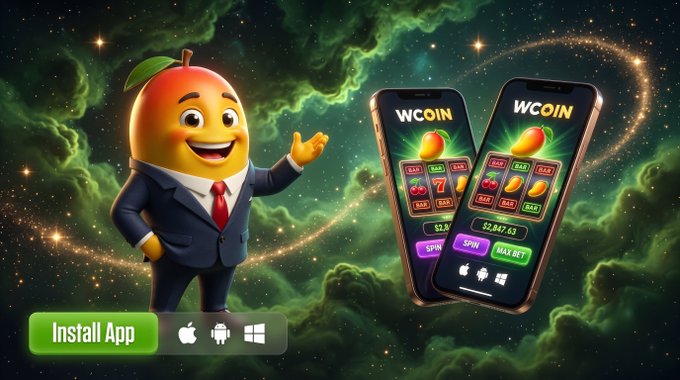 An advertisement featuring a cartoon mango mascot in a suit gesturing toward two smartphones displaying a 'WCOIN' slot machine game, with an 'Install App' button and platform icons (Apple, Android, Windows) on a cosmic green background.