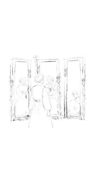 A simple pencil sketch depicting a person standing before a tri-fold mirror, with multiple reflections visible.