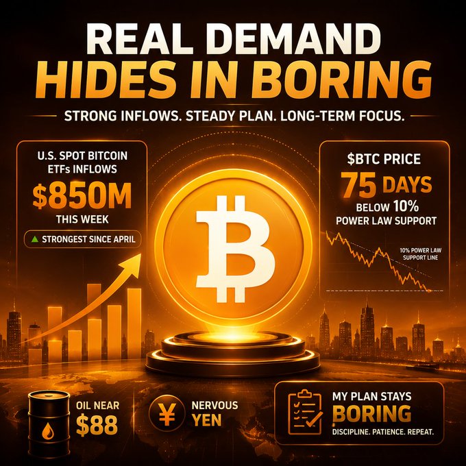 An orange-themed financial infographic titled 'REAL DEMAND HIDES IN BORING' highlighting U.S. spot Bitcoin ETFs inflows of $850M this week, $BTC price 75 days below 10% power law support, oil near $88, and a 'Nervous Yen'.