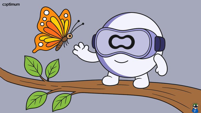 A cartoon illustration shows a white character wearing a purple VR headset standing on a tree branch next to an orange butterfly, with the word 'optimism' in the corner.