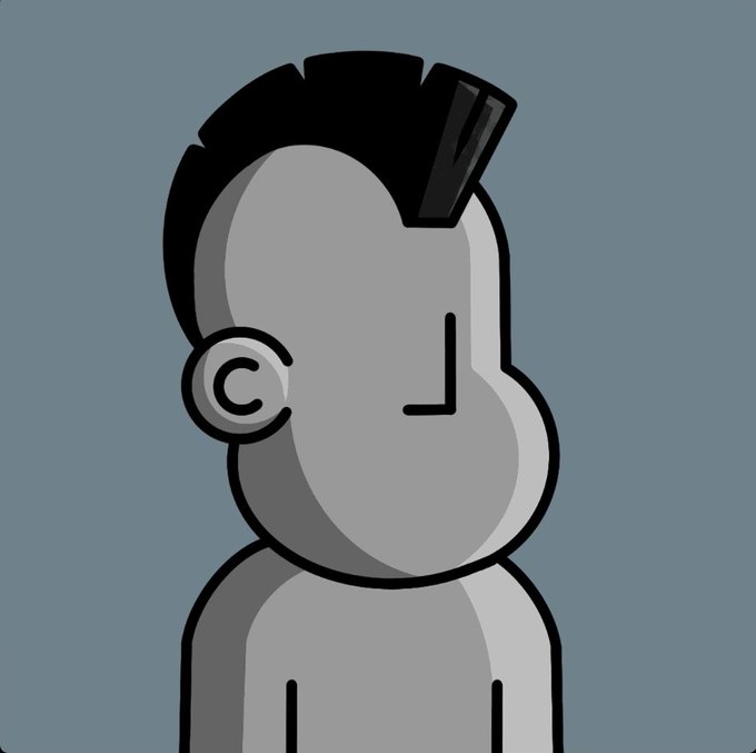 A simple cartoon drawing of a gray figure with black hair, featuring a pronounced nose and ear, set against a solid gray background.