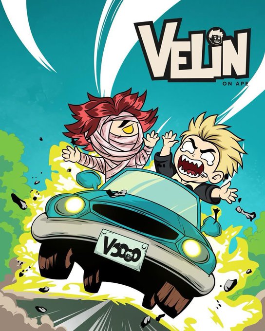 A vibrant comic-style illustration titled 'VELIN ON APE' depicting two cartoon characters—a bandaged mummy-like figure and a screaming blonde kid—riding in a teal car labeled 'V$300' through an explosion.