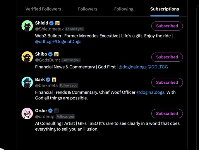 Twitter/X Subscriptions list showing accounts Shield (@Shieldmeta), Shibo (@GodsBurnt), Bark (@barkmeta), and Order (@orderup), all associated with @doginaldogs and @DDLTCG, displayed with 'Subscribed' badges.