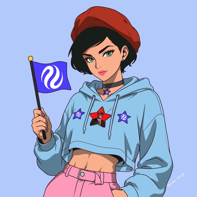 An anime-style illustration of a young woman with short black hair, green eyes, and a red beret, wearing a blue cropped hoodie and pink pants while holding a blue flag with a white swirl logo.