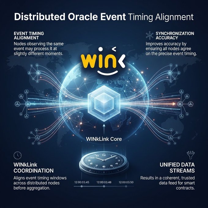 An infographic titled 'Distributed Oracle Event Timing Alignment' explaining WinkLink's system with sections on Event Timing Alignment, Synchronization Accuracy, WinKLink Coordination, and Unified Data Streams, featuring a globe and central cube diagram.