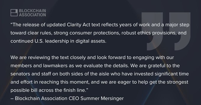 A Blockchain Association quote graphic featuring CEO Summer Mersinger's statement on the updated Clarity Act text, emphasizing support for clear rules, consumer protections, ethics provisions, and continued U.S. leadership in digital assets.