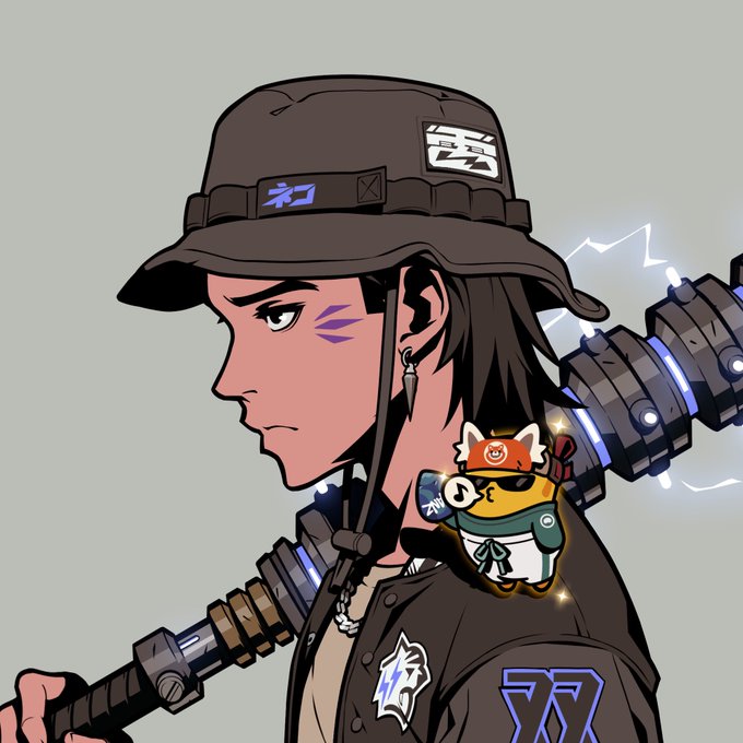 An anime-style character wearing a black bucket hat with purple face markings and carrying a large mechanical weapon, with a small cartoon mascot overlaid.