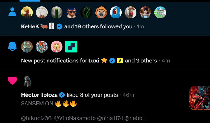 A social media notifications screen shows that KeHeK and 19 others followed you, new post notifications for Luxi, and Héctor Tolloza liked 8 of your posts.