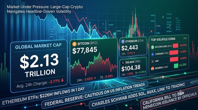 A market dashboard titled 'Market Under Pressure' shows a global crypto market cap of $2.13 TRILLION (-3.77%), with BTC at $77,845, ETH at $2,443, and SOL at $104.38, alongside news tickers.