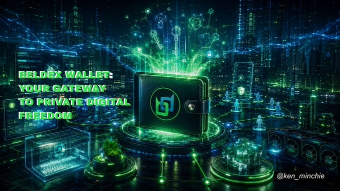 A promotional graphic with the text 'Beldex Wallet: Your Gateway to Private Digital Freedom,' featuring a stylized green wallet against a futuristic, neon-lit cityscape background, credited to @ken_minchie.