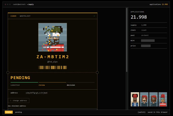 A screenshot of an NFT application page showing a pixel art character named "ZA-MBTIM2" and a Bored Ape Yacht Club pixel art icon, with a pending status.