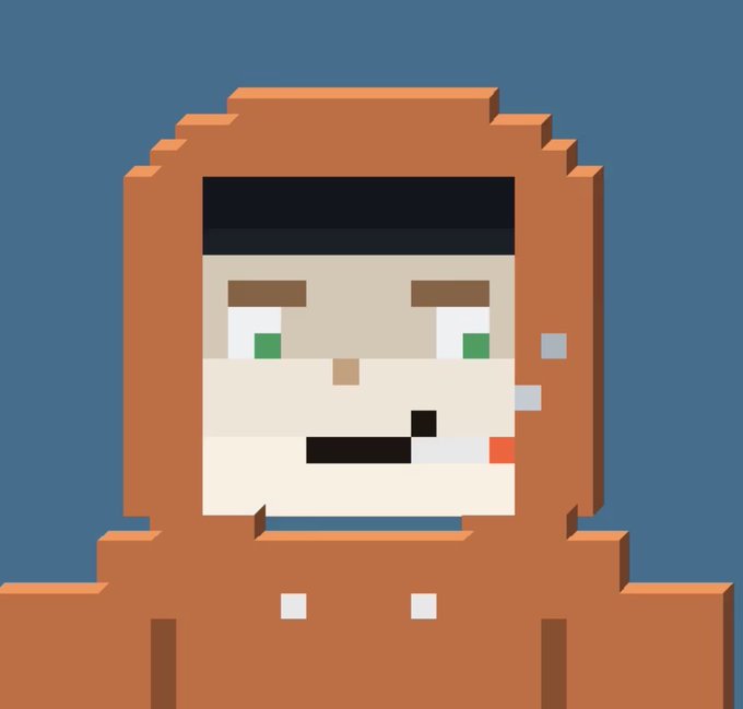 A pixel art illustration of a character's face with an orange hood, green eyes, and a smiling mouth against a solid blue background.