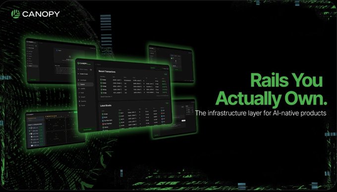 Canopy advertisement promoting 'Rails You Actually Own' as 'The infrastructure layer for AI-native products,' showing dashboard interface mockups in green.