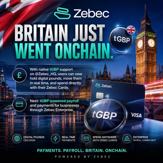 Zebec promotional graphic titled 'BRITAIN JUST WENT ONCHAIN' featuring Big Ben and a Zebec Visa card, announcing native tGBP support with features like Digital Pounds Onchain and Real-Time Payments.