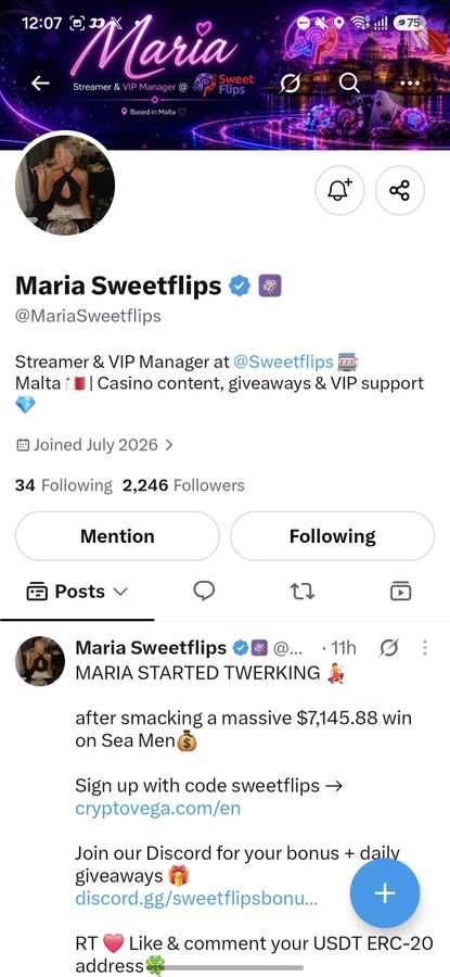 A Twitter/X profile page for 'Maria Sweetflips' (@MariaSweetflips), a Streamer & VIP Manager at @Sweetflips, joined July 2026, with a recent post referencing a $7,145.88 win.