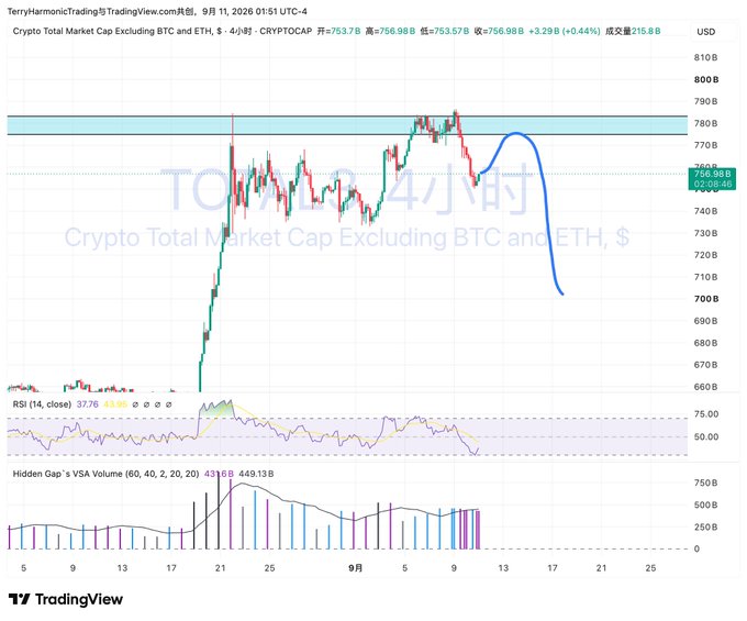 TradingView chart showing 'Crypto Total Market Cap Excluding BTC and ETH' (CRYPTOCAP) with a downward price projection drawn in blue, timestamped September 11, 2026.