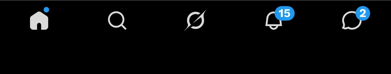 Dark navigation bar with icons for home (with blue notification dot), search, explore, notifications (15), and messages (2).