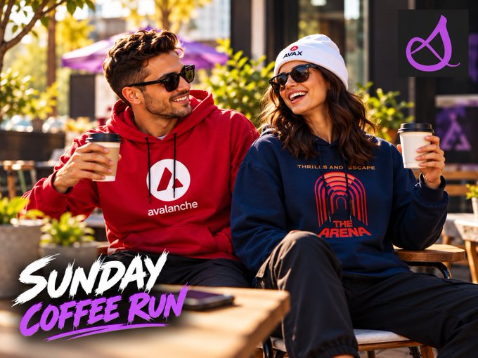 Promotional image featuring a smiling man and woman holding coffee cups outdoors, wearing 'avalanche' branded hoodies with the text 'SUNDAY COFFEE RUN' and an Avalanche logo.