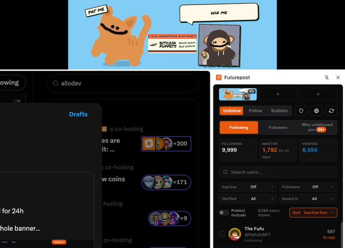 A collage showing the "Pat the Puppy" meme on top, alongside screenshots of the FuturePost app displaying Twitter stats for a user, and a drafts interface.
